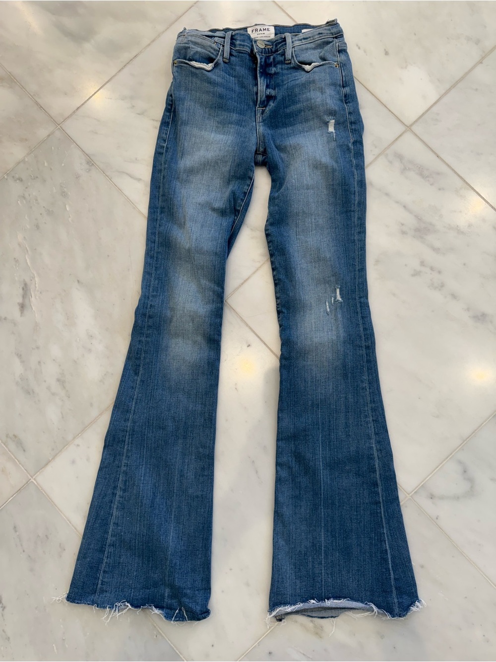 Frame Denim Medium Blue Le High Flare Jeans with Frayed Hem